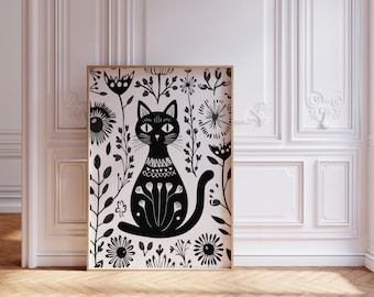 Scandinavian Folk Art Cat Print - Nordic Floral Wall Art, Black Cat Poster, Abstract Cat Illustration, Cat Lover Gift