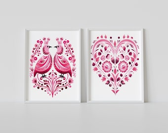 Valentines Day Canvas Canvas Wall Art Print Set of 2, Heart Bird Print, Bedroom Living Room Cafe Home Decor, Scandinavian Folk Art, Gift