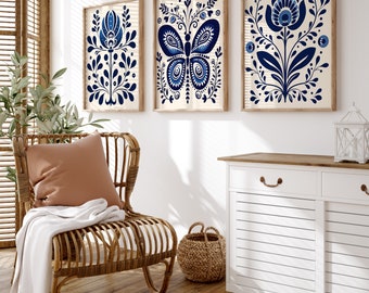 Navy Blue Scandinavian Folk Art Print Set of 3 - Nordic Floral & Butterfly Wall Decor, Botanical Boho Art Prints, Hygge Home Decor