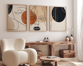 Abstract Face Line Art Print Set of 3 - Modern Boho Wall Art, Neutral Minimalist Decor, Mid Century Style Artwork for Living Room or Bedroom