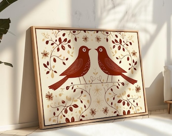 Scandinavian Folk Art Wall Art: Nordic Red Bird Botanical Print, Cottagecore Rustic Home Decor