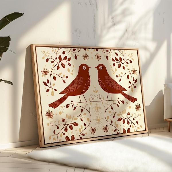 Scandinavian Folk Art Wall Art: Nordic Red Bird Botanical Print, Cottagecore Rustic Home Decor