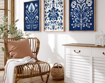 Scandinavian Blue Folk Art Print Set of 3 - Nordic Floral Wall Art, Botanical Rosemaling Style, Cozy Hygge Home Decor
