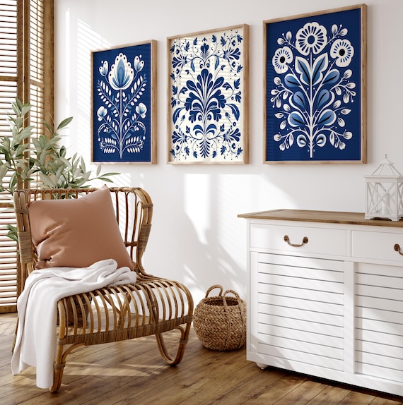 Scandinavian Blue Folk Art Print Set of 3 - Nordic Floral Wall Art, Botanical Rosemaling Style, Cozy Hygge Home Decor