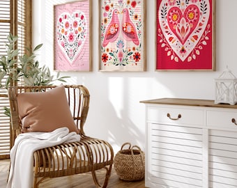 Scandinavian Folk Art Wall Art Set of 3: Nordic Heart and Bird Prints, Pink Floral Home Decor