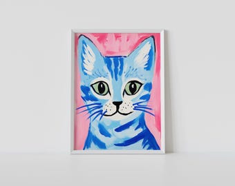 Blue Cat Art Print - Colorful Cat Portrait, Whimsical Feline Wall Art, Pop Art Cat Painting, Playful Animal Decor, Gift for Cat Lovers