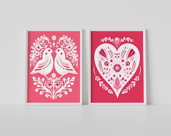Valentines Day Canvas Canvas Wall Art Print Set of 2, Heart Bird Print, Bedroom Living Room Cafe Home Decor, Scandinavian Folk Art, Gift