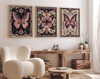 Scandinavian Folk Art Butterfly Print Set of 3 - Nordic Floral Wall Art, Vintage Botanical Prints, Hygge Home Decor