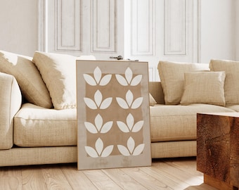 Minimalist Scandinavian Wall Art - Neutral Modern Floral Print, Boho Abstract Leaf Poster, Beige Aesthetic Home Decor