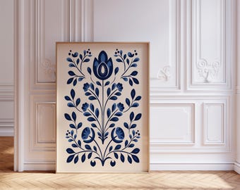 Scandinavian Folk Art Blue Flower Wall Art, Nordic Prints, Bedroom Living Room Home Decor, Norwegian Flower Art
