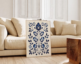 Scandinavian Folk Art Blue Flower Wall Art, Nordic Prints, Bedroom Living Room Home Decor, Norwegian Flower Art