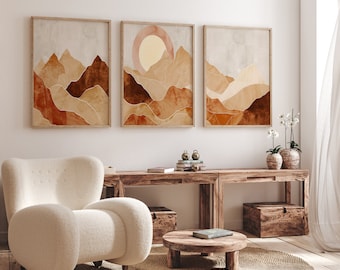 Modern Neutral Abstract Mountain Canvas Wall Art Print, Mid Century Boho Sun Prints, Beige Bedroom Living Room Home Decor, Minimalist Art