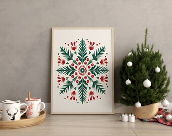 Christmas Snowflake Canvas Wall Art Print, Snowflake Print, Scandinavian Folk Art Prints, Bedroom Living Room Decor - Christmas Gift