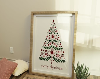 Scandinavian Folk Art Christmas Tree Print, Personalized Nordic Print, Bedroom Living Room Cafe Decor - Christmas Gift