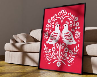 Valentines Day Canvas Wall Art Print, Couple Bird Print, Bedroom Living Room Cafe Home Decor, Scandinavian Folk Art, Gift