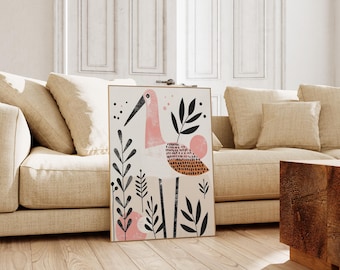 Scandinavian Canvas Wall Art Print, Folk Art Abstract Bird, Bedroom Living Room Home Decor, Nordic Wall Art, Nursery Poster