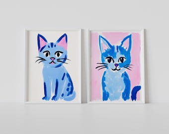 Blue Cat Wall Art Print Set of 2 - Playful Cat Paintings, Whimsical Kitten Decor, Cute Pet Lover Gift, Colorful Nursery & Kids Room Art