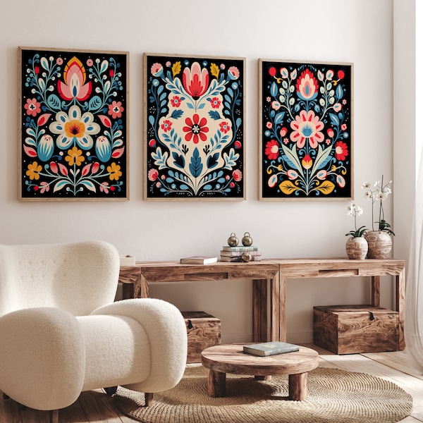Scandinavian Folk Art Flower Wall Art Set of 3, Nordic Prints, Bedroom Living Room Home Decor, Norwegian Flower Art