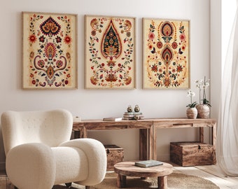 Indian Folk Art Print Set of 3 - Vibrant Floral Wall Art, Ethnic Boho Decor, Tapestry Style Prints for Living Room or Entryway
