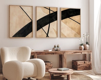 Modern Neutral Abstract Canvas Wall Art Print, Large Shapes Art Prints, Beige & Black Bedroom Living Room Home Decor