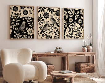 Scandinavian Folk Art Print Set of 3 - Beige & Black Nordic Bird Wall Art, Minimal Floral Botanical Decor, Modern Nature-Inspired Artwork