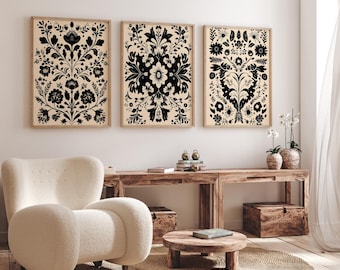 Scandinavian Folk Art Wall Art Set of 3: Black Botanical Nordic Floral Prints