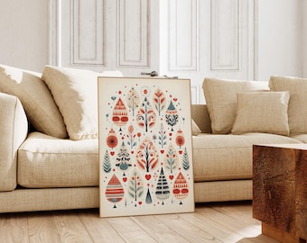 Scandinavian Folk Art Christmas Trees Canvas Wall Art Print, Nordic Prints, Bedroom Living Room Decor - Christmas Gift - Christmas Decor