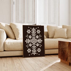 Scandinavian Folk Art Floral Canvas Wall Art Print, Nordic Prints, Bedroom Living Room Home Decor, Norwegian Brown Flower Art