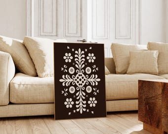 Scandinavian Folk Art Floral Canvas Wall Art Print, Nordic Prints, Bedroom Living Room Home Decor, Norwegian Brown Flower Art