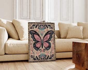 Scandinavian Folk Art Vintage Floral Butterfly Canvas Wall Art Print, Nordic Printable Wall Art, Bedroom Living Room Home Decor