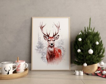 Reindeer Wall Art, Christmas Print, Bedroom Living Room Decor - Xmas Canvas Wall Art