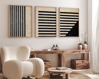 Minimalist Black and Beige Abstract Framed Canvas Wall Art Set of 3 - Modern Geometric Prints, Neutral Decor, Mid Century Minimalist Artwork
