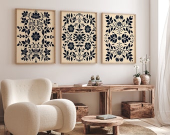 Scandinavian Folk Art Print Set of 3 - Nordic Botanical Wall Art, Modern Floral Pattern, Black Beige Hygge Home Decor, Rustic Wall Prints