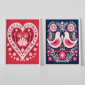 Set di 2 stampe artistiche da parete su tela per San Valentino, stampa a forma di cuore con uccelli, decorazione per camera da letto, soggiorno, caffetteria, arte popolare scandinava, regalo