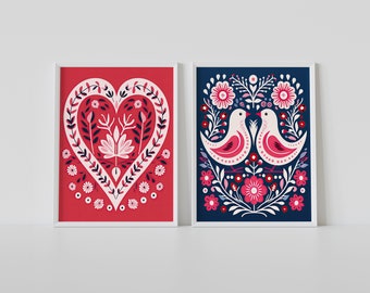 Valentines Day Canvas Canvas Wall Art Print Set of 2, Heart Bird Print, Bedroom Living Room Cafe Home Decor, Scandinavian Folk Art, Gift
