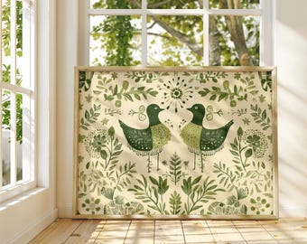 Scandinavian Folk Art Wall Art: Nordic Green Bird Botanical Print, Cottagecore Home Decor