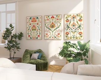 Indian Folk Art Print Set of 3 - Mughal Floral Wall Art, Kalamkari Botanical Prints, Traditional Indian Home Decor