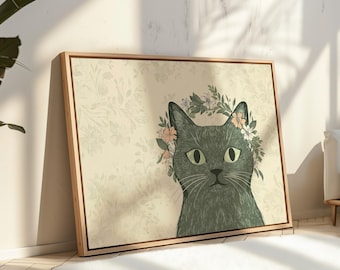 Scandinavian Folk Art Wall Art: Whimsical Green Cat Print with Floral Crown for Home Decor
