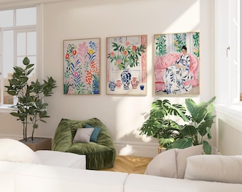 Matisse Inspired Wall Art Set of 3: Colorful Floral Prints, Figurative Woman Art, Modern Wall Decor