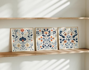 Scandinavian Folk Art Wall Art Set of 3: Nordic Floral Botanical Prints for Hygge Home Decor