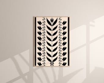 Scandinavian Canvas Wall Art Print, Botanical Folk Art, Bedroom Living Room Home Decor, Nordic Beige & Black Art