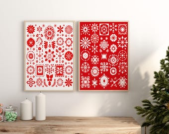 Scandinavian Folk Art Christmas Pattern Wall Art Set of 2, Nordic Xmas Prints, Bedroom Living Room Decor - Scandinavian Canvas Art