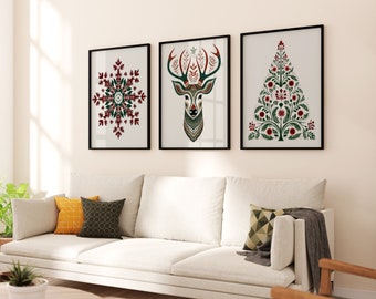 Scandinavian Folk Art Christmas Snowflake Deer Tree Canvas Canvas Wall Art Print Set of 3, Nordic Prints, Bedroom Living Room Home Decor