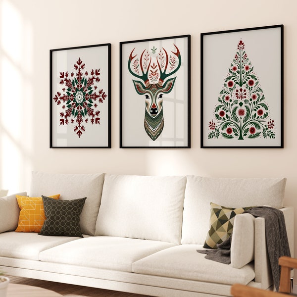 Scandinavian Folk Art Christmas Snowflake Deer Tree Wall Art Set of 3, Nordic Prints, Bedroom Living Room Home Decor