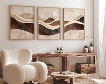 Modern Neutral Abstract Mountain Canvas Wall Art Print, Mid Century Boho Sun Prints, Beige Bedroom Living Room Home Decor, Minimalist Art