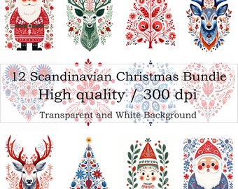 Scandinavian Folk Art Christmas Clipart, Nordic Prints, Bedroom Living Room Decor - 12 PNG Instant Download
