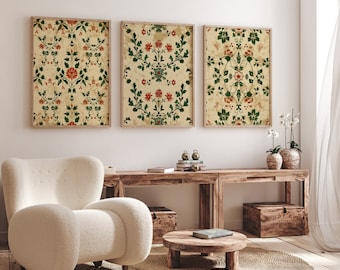 Indian Folk Art Canvas Print Set of 3, Vintage Floral Wall Art, Bedroom Living Room Home Decor - Traditional Motifs