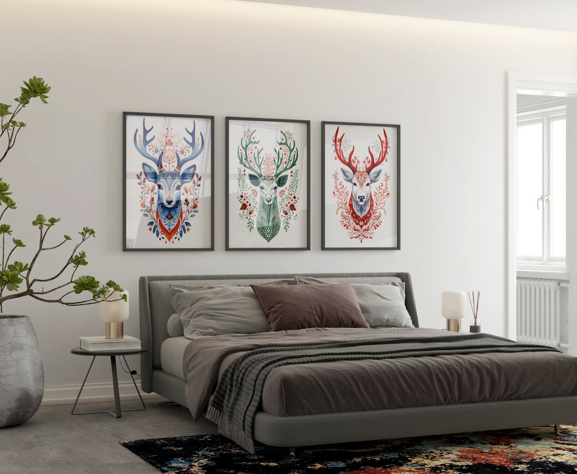Picture of Scandinavian Folk Art Reindeer Wall Art Set of 3, Nordic Christmas ...