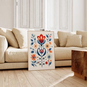 Scandinavische volkskunst bloem canvas muurkunst print, Scandinavische prints, slaapkamer woonkamer woondecoratie, Noorse bloemenkunst