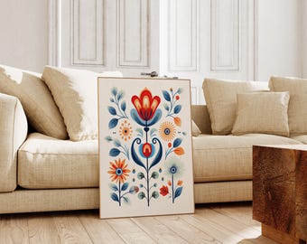 Scandinavian Folk Art Flower Canvas Wall Art Print, Nordic Prints, Bedroom Living Room Home Decor, Norwegian Flower Art